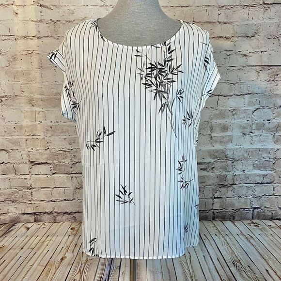 Como Blu Womens Striped Top Blouse Leaf Print Cuff Sleeve White Gray Size Medium - Picture 1 of 8